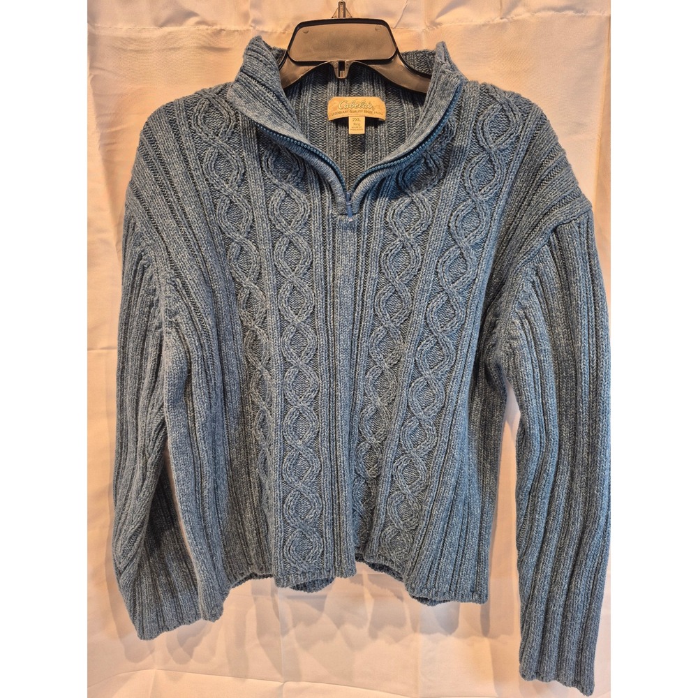 Cabelas Womens 2XL Blue Cable‎ Knit Quarter Zip Sweater 100% Cotton Mock Neck